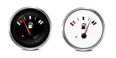 Vector 3d Realistic Black and White Circle Gas Fuel Tank Gauge, Oil Level Bar Icon Set Isolated on White Background. Car Dashboard Details. Fuel Indicator, Gas Meter, Sensor. Design Template