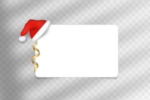 anta Claus hat with white paper banner isolated on transparent background. New Year or Christmas red frame and hat. Vector 3d Christmas icon