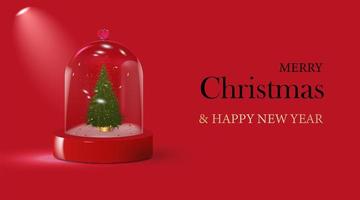 cúpula de cristal mágico navideño con un árbol de navidad con lentejuelas, plantilla en blanco. diseño 3d realista de año nuevo festivo. bola de cristal de navidad. fondo rojo. ilustración vectorial vector