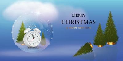 Happy New Year and Merry Christmas banner. A Christmas snowball with trees and an alarm clock. Glass snow globe realistic 3D design. A festive Christmas object. Holiday poster, Website title, greeting vector