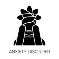 Anxiety disorder glyph icon. Fear and worry. Depressed man. Panic attack. Headache and migraine. Mental problem. Stress and tension. Silhouette symbol. Negative space. Vector isolated illustration