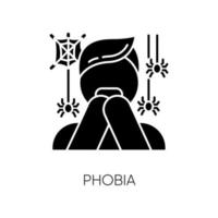 Phobia glyph icon. Fear of spiders. Arachnophobia. Horror. Panic attack. Anxiety and distress. Psychotherapy. Mental disorder. Silhouette symbol. Negative space. Vector isolated illustration