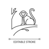 Monkey on tree linear light icon. Tropical country animal. Indonesia islands wildlife. Primate sitting. Thin line illustration. Contour symbol. Vector isolated outline drawing. Editable stroke