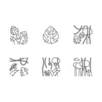 Rainforest linear color icons set. Evergreen forest vines. Swiss cheese plant. Indonesian jungle. Thin line contour symbols. Isolated vector outline illustrations. Editable stroke. Perfect pixel