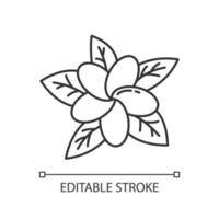 Plumeria linear light icon. Exotic region flowers. Flora of Indonesia. Tropical plants. Blossom of frangipani. Thin line illustration. Contour symbol. Vector isolated outline drawing. Editable stroke
