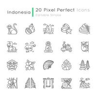 Indonesia linear icons set. Tropical country animals, plants. Indonesian islands. Exotic traditions. Thin line contour symbols. Isolated vector outline illustrations. Editable stroke. Perfect pixel