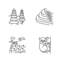 Conjunto de iconos lineales de Indonesia. animales del campo tropical. islas indonesias. explorando lugares exóticos. símbolos de contorno de línea fina. ilustraciones de contorno de vector aislado. trazo editable. pixel perfecto