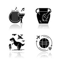 Archeology drop shadow black glyph icons set. Ancient culture. Lyre and goblet. Amphora restoration. Dinosaurs. Prehistoric animals. Treasure hunt. Historical artifacts. Isolated vector illustrations