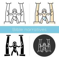 Samson Bible story icon. Last of judge. Strong powerful superhuman. Religious legend. Christian religion. Biblical narrative. Glyph, chalk, linear and color styles. Isolated vector illustrations