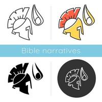 David and Goliath Bible story icon. Legendary giant warrior helmet. Religious legend. Holy book scene plot. Biblical narrative. Glyph, chalk, linear and color styles. Isolated vector illustrations