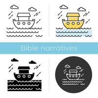 The Flood Bible story icon. Noah Ark. Sacred ship in worldwide water. Religious legend. Holy book scene plot. Biblical narrative. Glyph, chalk, linear and color styles. Isolated vector illustrations