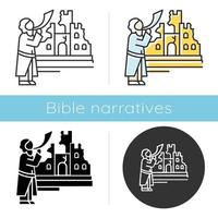 The fall of Jericho Bible story icon. Castle ruin in Jerusalem city. Religious legend. Christian religion. Biblical narrative. Glyph, chalk, linear and color styles. Isolated vector illustrations