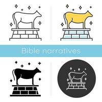 Golden Calf Bible story icon. Animal idol, bull representation. Religious legend. Christian religion. Exodus Biblical narrative. Glyph, chalk, linear and color styles. Isolated vector illustrations