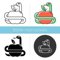 Adam and Eve Bible story icon. Forbidden fruit. Snake and apple. Religious legends. Christian religion. Biblical narratives. Glyph, chalk, linear and color styles. Isolated vector illustrations