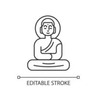 Buddha statue linear icon. Sitting meditation in lotus pose. Symbol of harmony. Oriental religious sculpture. Thin line illustration. Contour symbol. Vector isolated outline drawing. Editable stroke