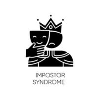 Impostor syndrome glyph icon. Sad man with smile mask. Fraud, doubt. Impostorism experience. Hypocrisy. Jester disguise. Mental issue. Silhouette symbol. Negative space. Vector isolated illustration