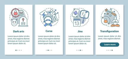 Dark magic onboarding mobile app page screen with linear concepts. Transfiguration, curse, jinx walkthrough steps graphic instructions. Witchcraft UX, UI, GUI vector template with illustrations