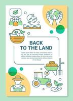 Back to the land poster template layout. Agricultural sector. Organic farming.Banner, booklet, leaflet print design with linear icons. Vector brochure page layouts for magazines, advertising flyers