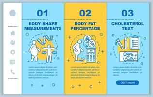 Body health onboarding mobile web pages vector template. Fat percentage. Responsive smartphone website interface idea with linear illustrations. Webpage walkthrough step screen. Color concept