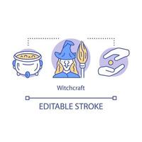 Witchcraft concept icon. Alchemy and wizardry idea thin line illustration. Cauldron with brewing magic potion and evil witch with broomstick vector isolated outline drawing. Editable stroke