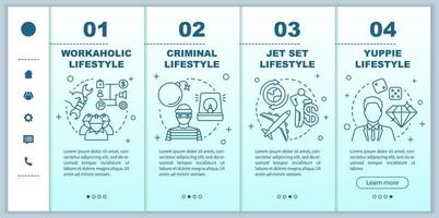 Occupational lifestyle types onboarding mobile web pages vector template. Responsive smartphone website interface idea with linear illustrations. Webpage walkthrough step screens. Color concept