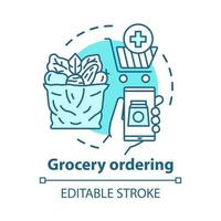 Grocery ordering app concept icon. Customer service, home food delivery idea thin line illustration. Shopping cart, smartphone and vegetables package vector isolated outline drawing. Editable stroke