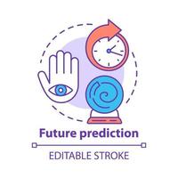 Future prediction concept icon. Fortune telling service. Divination and occultism idea thin line illustration. Crystal ball, palm with eye and clock vector isolated outline drawing. Editable stroke