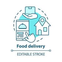 Food delivery app concept icon. Customer service, lunch ordering idea thin line illustration. Package, smartphone and home vector isolated outline drawing. Transportation business. Editable stroke