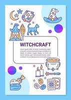 Witchcraft poster template layout. Banner, booklet, leaflet print design with linear icons. Witch and cat, magic wand and spellbook. Vector brochure page layouts for magazines, advertising flyers