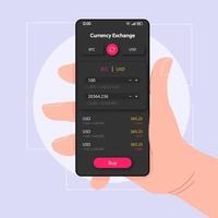 Currency conversion smartphone interface vector template. Mobile app page black design layout. Bitcoin to USD rate screen. Flat UI for application. Hand holding phone with money manager on display