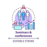 Seminars conferences concept icon. Corporate events idea thin line illustration. Business meetings, trainings. Company presentation. Briefing, public speech. Vector isolated drawing. Editable stroke