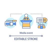 Media event concept icon. Organization idea thin line illustration. Video shooting. Event agency. Mass media. Breaking news. Vector isolated outline drawing. Editable stroke