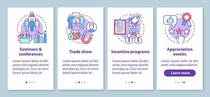 Gestión de eventos corporativos incorporando la pantalla de la página de la aplicación móvil con conceptos lineales. seminarios conferencias, programas de incentivos, eventos de agradecimiento instrucciones paso a paso. ux, ui, plantilla de vector de interfaz gráfica de usuario