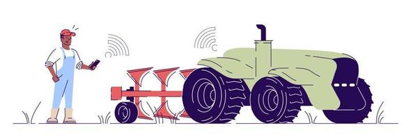 Ilustración de vector plano de tractor sin conductor. concepto de esquema de maquinaria agrícola autónoma. cultivador de control de carácter de granjero con teléfono inteligente. agricultura inteligente implementar elemento de diseño aislado