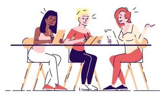 chicas en café ilustraciones vectoriales planas. amigas con menú haciendo orden. Consultor alegre con tableta convenciendo a los clientes personajes de dibujos animados aislados con elementos de contorno sobre fondo blanco vector