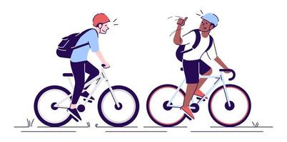 Friends riding bicycles flat vector illustrations. Cyclists with helmets, sportsmen, athletes on bikes. Tourists with backpacks isolated cartoon characters with outline elements on white background