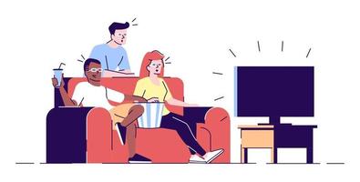 Friends watching films flat vector illustration. Boys, girl in 3d glasses enjoy TV series, movie at home. Students eating popcorn isolated cartoon characters with outline elements on white background