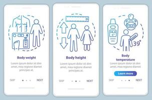 Body measurement onboarding mobile app page screen vector template. Walkthrough website steps with linear illustrations. Body weight, height and temperature. UX, UI, GUI smartphone interface concept