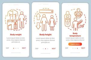 Body measurement onboarding mobile app page screen vector template. Walkthrough website steps with linear illustrations. Weight, height and temperature. UX, UI, GUI smartphone interface concept