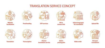 Conjunto de iconos de concepto rojo de servicio de traducción. ilustraciones de líneas finas de idea de traducción de idiomas extranjeros. servicios de dtp y revisión. subir archivo. dibujos de contorno aislados vectoriales. trazo editable vector