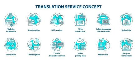 Conjunto de iconos de concepto azul de servicio de traducción. ilustraciones de líneas finas de idea de traducción de idiomas extranjeros. servicios de dtp y revisión. subir archivo. dibujos de contorno aislados vectoriales. trazo editable vector