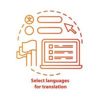 Select languages for translation red concept icon. Translator software idea thin line illustration. Learning foreign language. Online dictionary app. Vector isolated outline drawing. Editable stroke