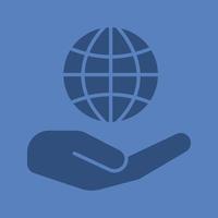 Open hand with globe glyph color icon. World care. Silhouette symbol. Globalization. Negative space. Vector isolated illustration