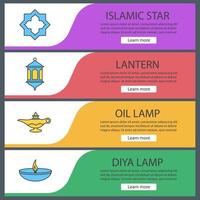 Islamic culture web banner templates set. Muslim star, lantern, oil lamps. Website color menu items. Vector headers design concepts