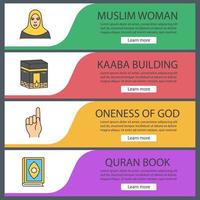 Islamic culture web banner templates set. Muslim woman, god gesture, kaaba, quran book. Website color menu items. Vector headers design concepts