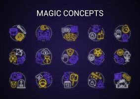 Magic neon light concept icons set. Occultism, sorcery and witchcraft idea. Glowing sign with alphabet, numbers and symbols. Vector isolated illustration. Various spells and alchemy potions