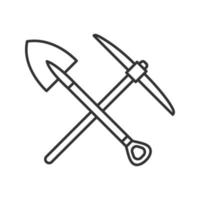 Crossed shovel and pickaxe linear icon. Mining. Thin line illustration. Contour symbol. Pick axe and dig. Vector isolated outline drawing