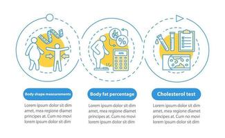 plantilla de infografía de vector de salud corporal. prueba de colesterol. elementos de diseño de presentación de atención médica. visualización de datos, tres pasos y opciones. gráfico de la línea de tiempo del proceso. diseño de flujo de trabajo, iconos lineales