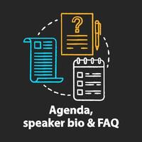 Agenda, speaker bio FAQ chalk concept icon. Conference, appointment planning idea. Planner, reminder. Documents, notes and checklists. Vector isolated chalkboard illustration