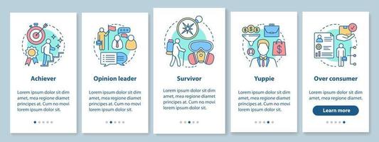 Lifestyle types used in marketing onboarding mobile app page screen with linear concepts. Achiever, survivor, yuppie walkthrough steps graphic instructions. UX, UI, GUI vector template with icons